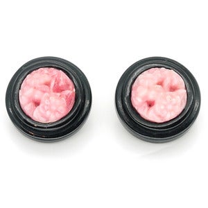 Image of Vintage Art Deco Signed Czechoslovakia Carved Lucite Black & Coral Pink Floral Earrings 