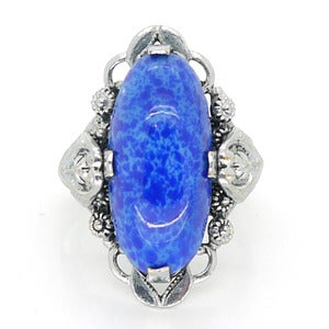 Image of Vintage Art Nouveau Style Ornate Lapis Blue Glass Silver Metal Cocktail Ring
