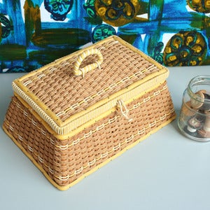 Image of Vintage Yellow Wicker Sewing Basket