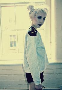 Image of Grey Faux Black Leather Skull Shoulder Stud Jumper