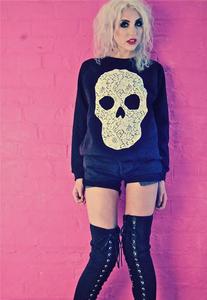 Image of Applique Ivory Lace Skull Black Jumper