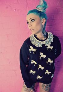 Image of Unicorn Print Lace Peter Pan Collar Black Jumper