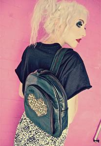 Image of Leopard Print Love Heart Real Leather Rucksack Backpack Bag