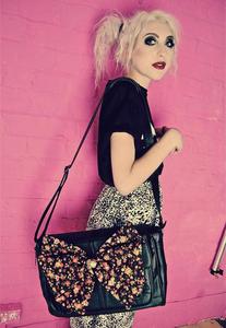 Image of Black Floral Real Leather Satchel Bow Bag