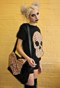 Image of Black Daisy Print Real Leather Satchel Bow Bag