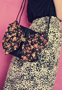 Image of Black Floral Print Bow Black Real Leather Bag
