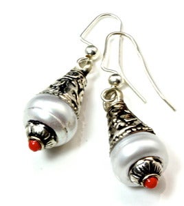 Image of Freshwater Pearl and Red Coral Tibetan Style Earrings 
