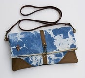 Image of hand bleached denim foldover bag with removable leather strap (d)