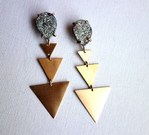Image of Steel Blue Drusy and Brass Triangle Dangles
