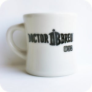 Image of Funny coffee mug tea cup ceramic Doctor Who Brew black white hand painted