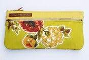 Image of -S O L D- a double zip clutch in chartreuse with vintage floral appliques (b)