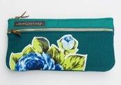Image of a double zip clutch in deep teal with vintage floral appliques (a)