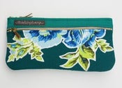Image of a double zip clutch in deep teal with vintage floral appliques (c)