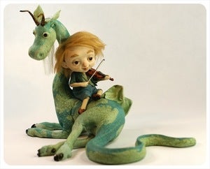 Image of SOLD! ~ Fiddler & Friend ~ Dragon Sculpture by Martin Obakke