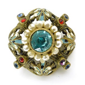Image of Vintage Victorian Enamel Pearl Gilt Ornate Pin Brooch