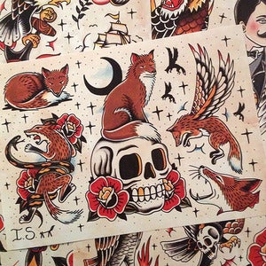 Image of Iain's 'Foxes & Stuff' tattoo flash sheet