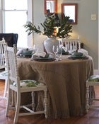 Antiqued White Dining Chairs w/ Peter Dunham Fig Leaf Fabric