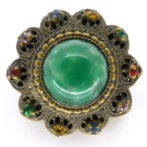 Image of Vintage Edwardian Small Marbled Green Glass Cabochon Gilt Lapel Pin Brooch